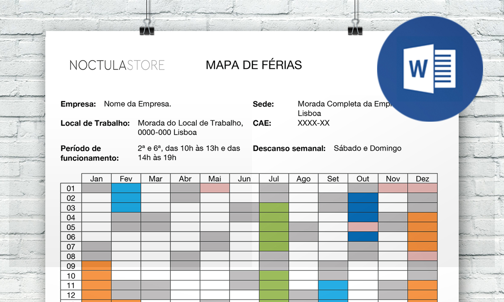 Modelo de Mapa de Férias editável em Word