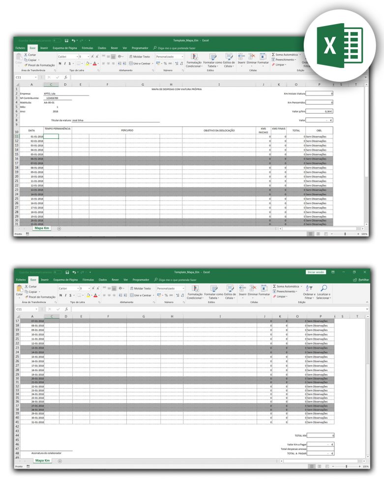 mapa de km em Excel - vrt